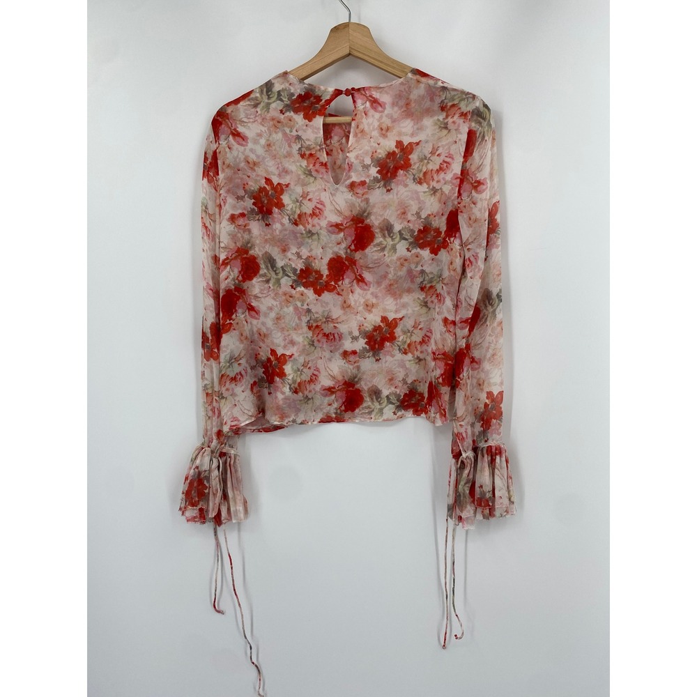 Intermix Blouse Womens Size P Pink Floral Silk Long Sleeve Tie Cuff Sheer Top - Picture 4 of 5